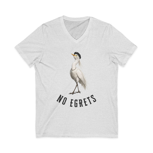 No Egrets V-Neck Tee — Funny Egret Pun Shirt