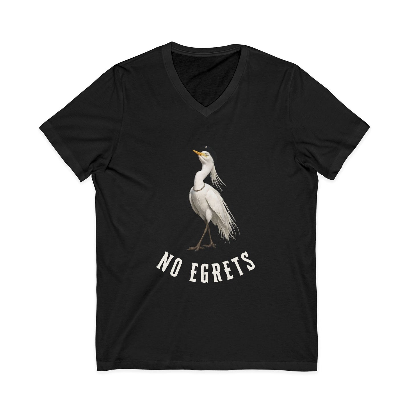No Egrets V-Neck Tee — Funny Egret Pun Shirt